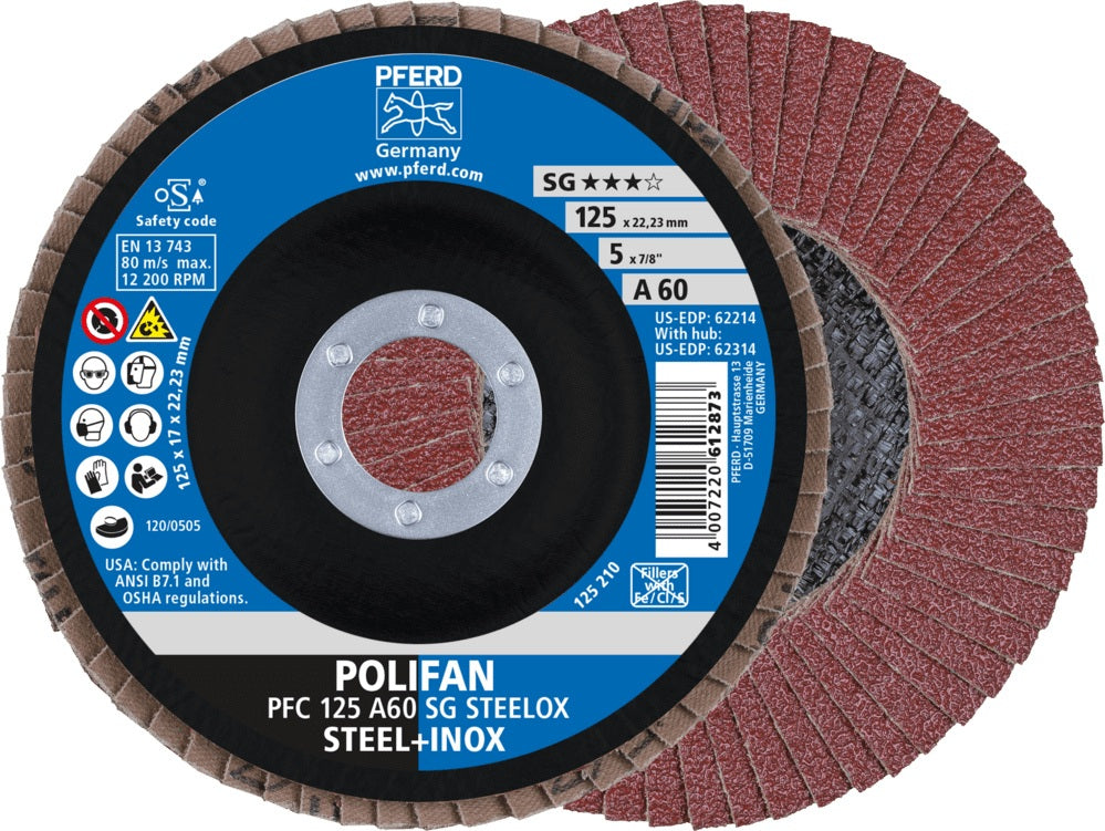 PFERD POLIFAN A SG STEELOX Fächerscheibe Ø125 mm Körnung 40 konisch INOX – 10 Stück