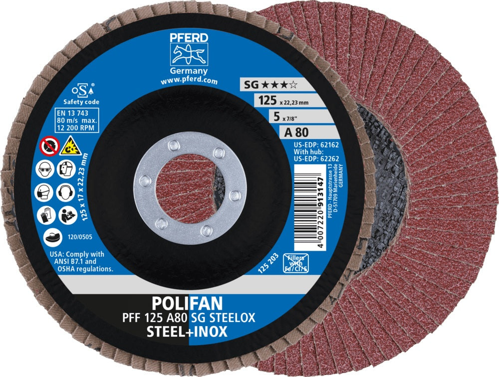 PFERD POLIFAN A SG STEELOX Fächerscheibe Ø125 mm Körnung 40 konisch INOX – 10 Stück