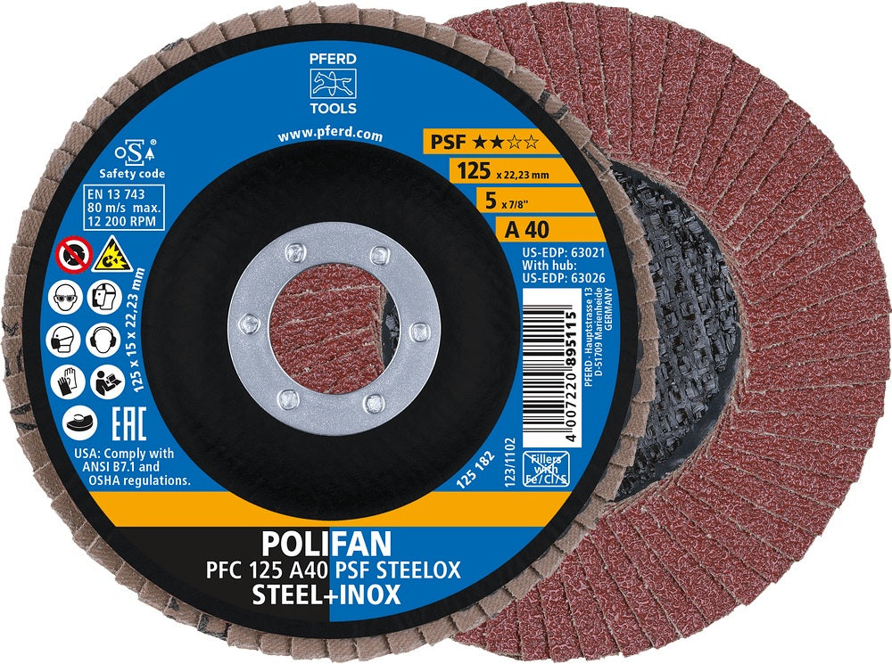 PFERD POLIFAN A PSF STEELOX Fächerscheibe Ø125 mm Körnung 40 konisch für Stahl/INOX