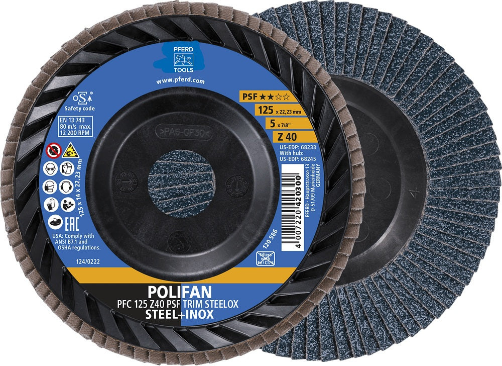 PFERD POLIFAN Fächerscheibe TRIM Ø125 mm K40 Zirkonkorund für Stahl & INOX