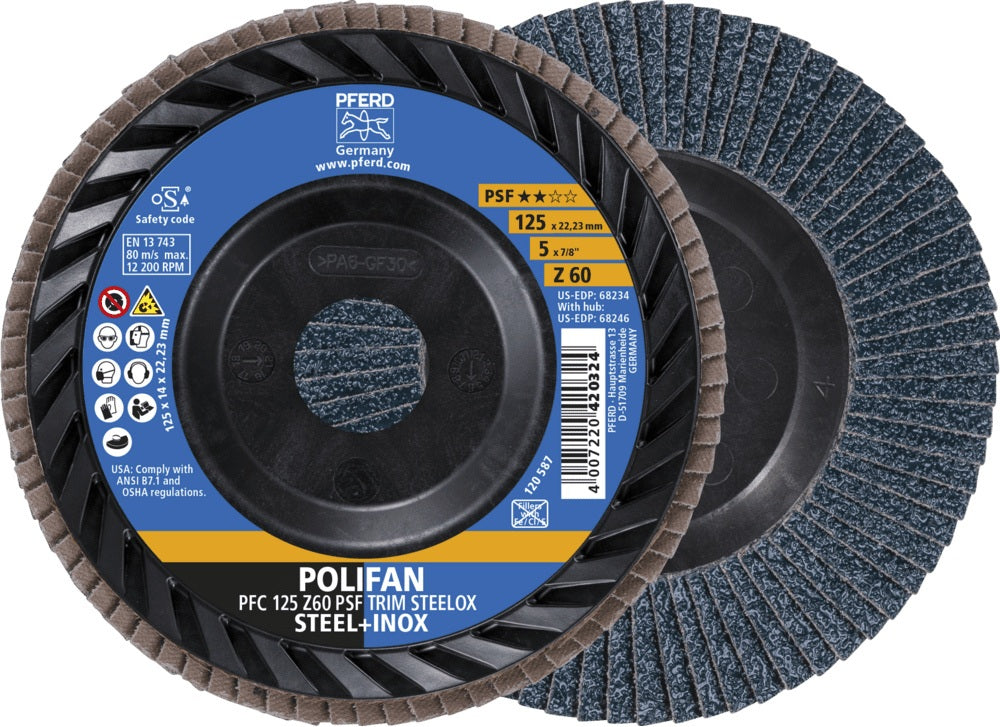 PFERD POLIFAN Fächerscheibe TRIM Ø125 mm K40 Zirkonkorund für Stahl & INOX