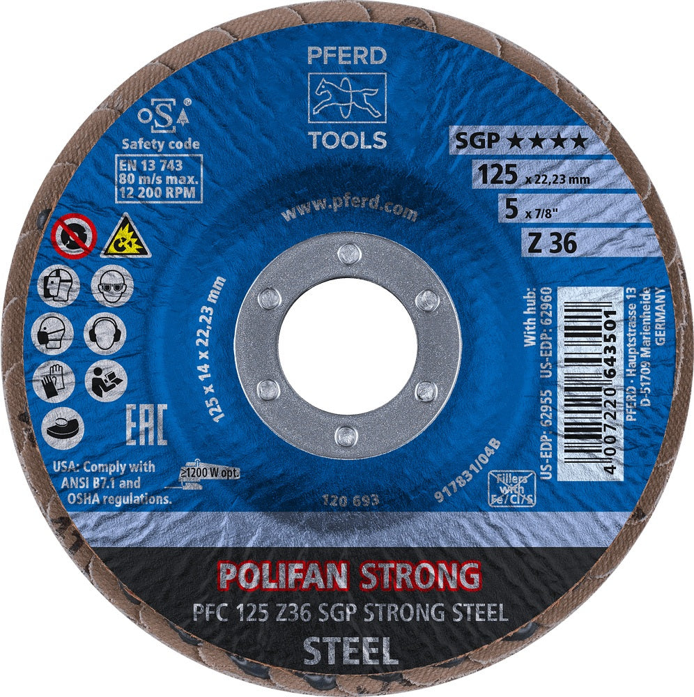 PFERD POLIFAN Z SGP STRONG STEEL Fächerscheibe Ø125 mm Körnung 36 konisch INOX – 10 Stück