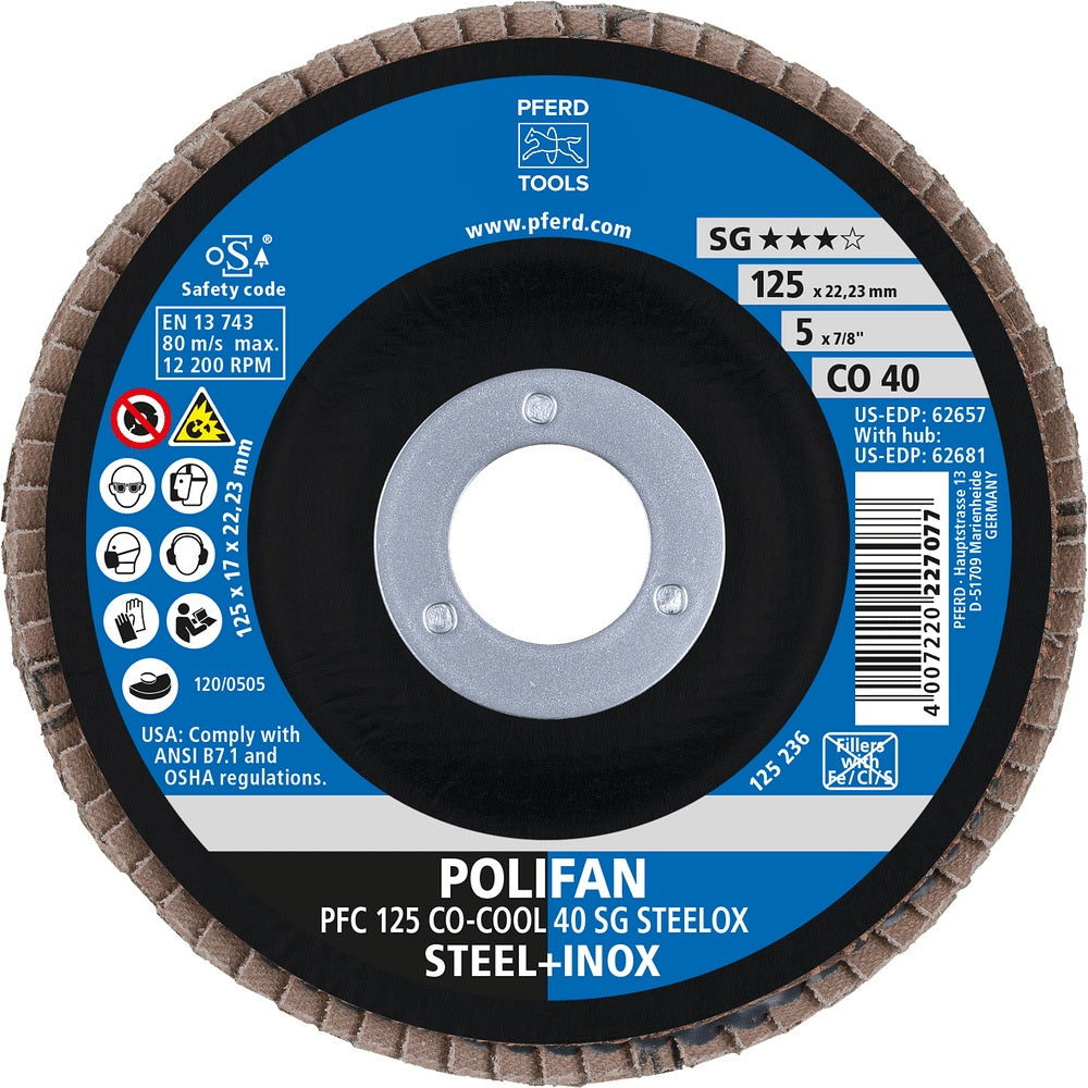 PFERD POLIFAN CO-COOL SG STEELOX Fächerscheibe Ø125 mm K60 konisch für INOX