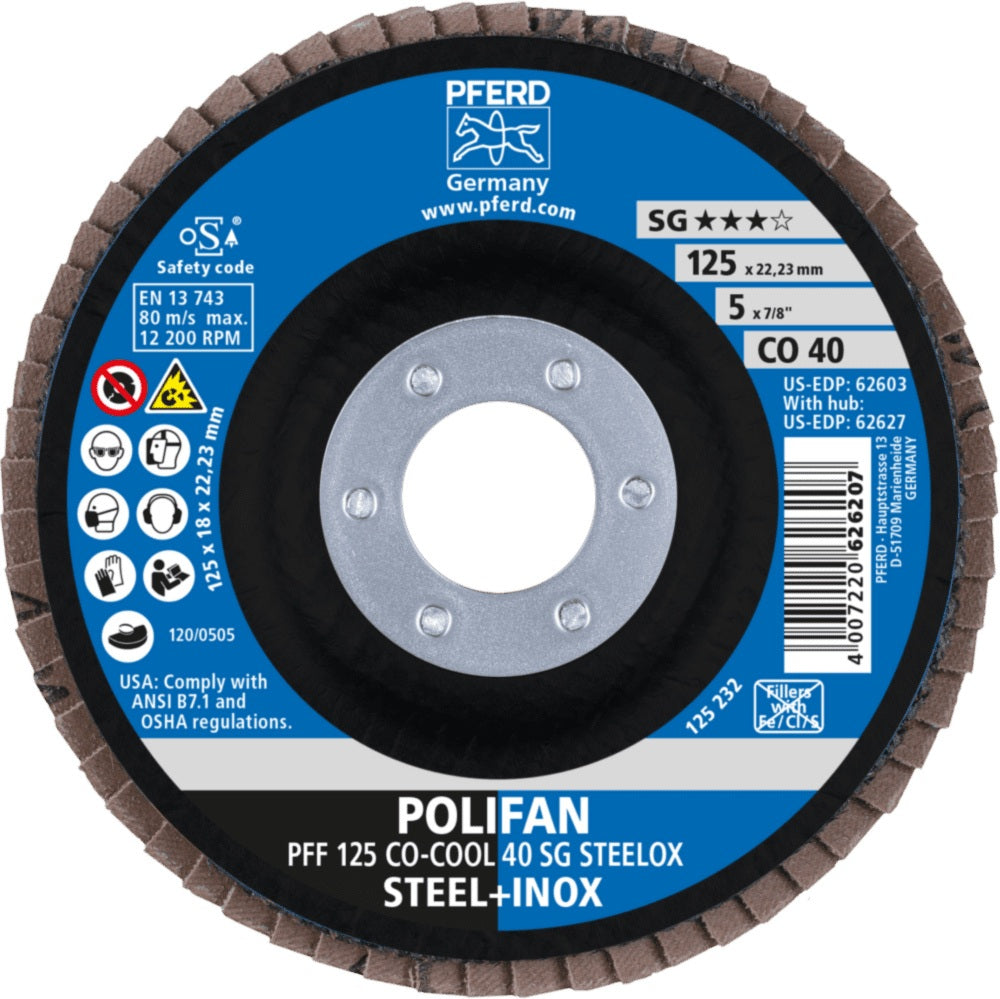 PFERD POLIFAN CO-COOL SG STEELOX Fächerscheibe Ø125 mm K60 konisch für INOX
