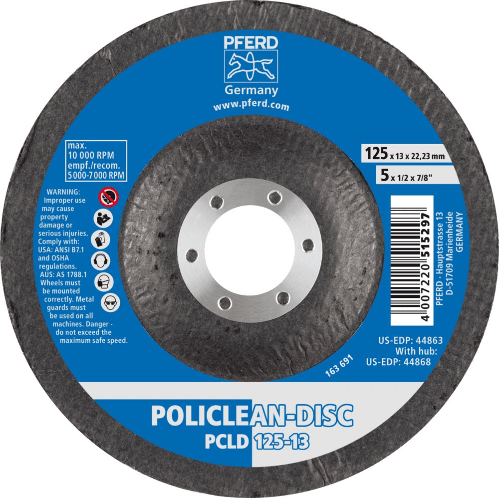 PFERD POLICLEAN Grobreinigungsscheibe Ø115x13 mm, Bohrung 22,23 mm – für Edelstahl, Stahl, ALU