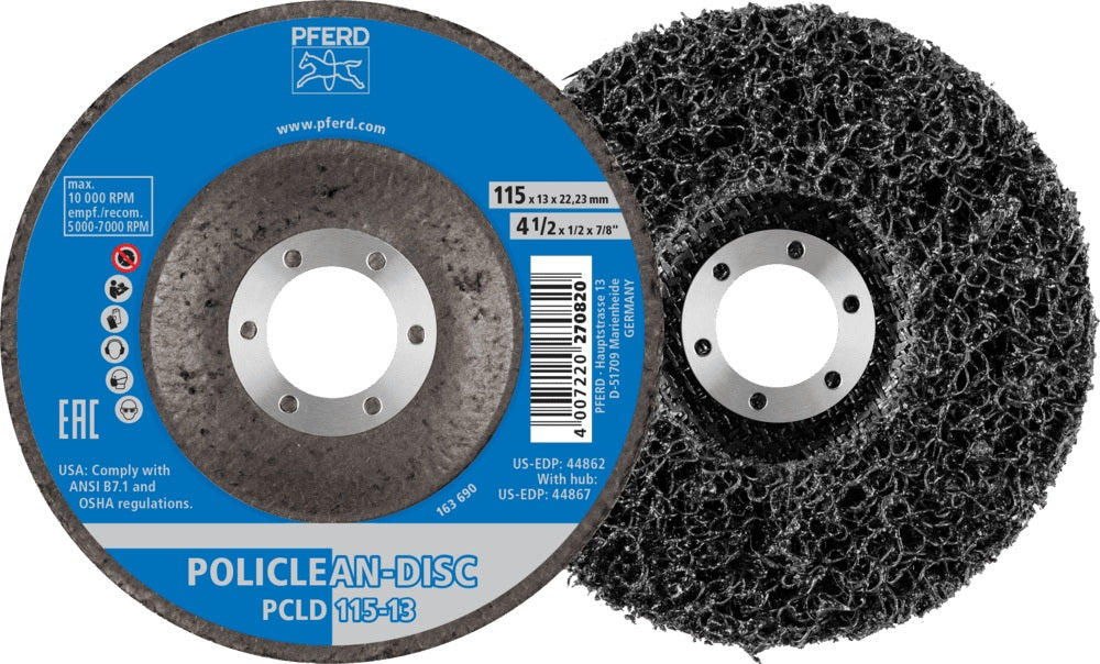 PFERD POLICLEAN Grobreinigungsscheibe Ø115x13 mm, Bohrung 22,23 mm – für Edelstahl, Stahl, ALU