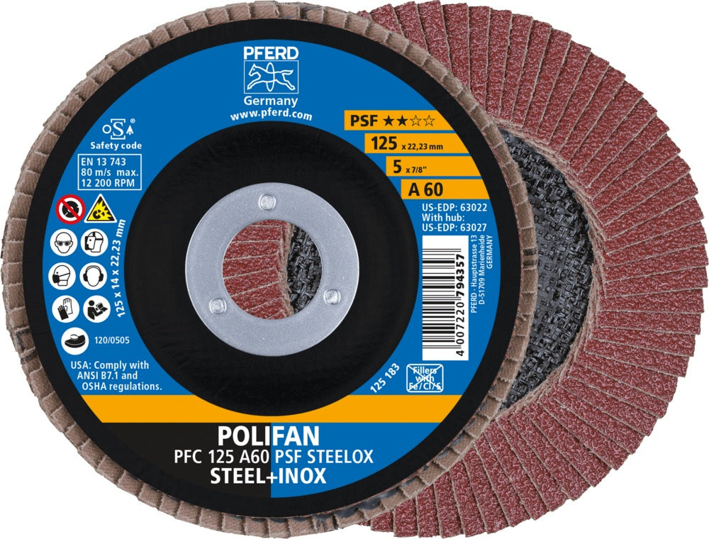 PFERD POLIFAN A PSF STEELOX Fächerscheibe Ø125 mm Körnung 40 konisch für Stahl/INOX