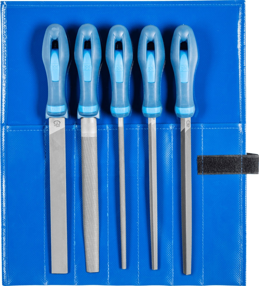 PFERD Feilensatz 250 mm Hieb 2 mit 2K-Ergo-Heft, 5-teilig für Stahl, Aluminium und Guss