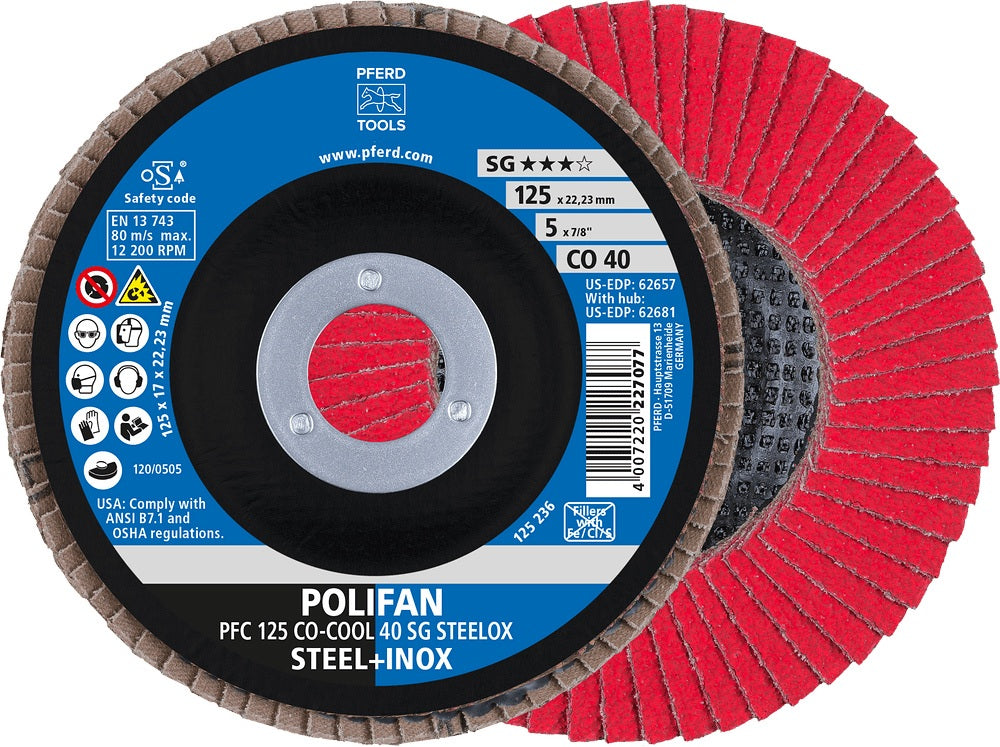 PFERD POLIFAN CO-COOL SG STEELOX Fächerscheibe Ø125 mm K60 konisch für INOX