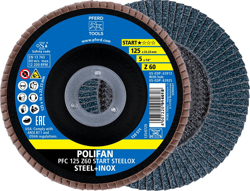 PFERD POLIFAN Z BOX Fächerscheibe Ø125 mm Zirkonkorund Körnung Z-40 konisch für INOX