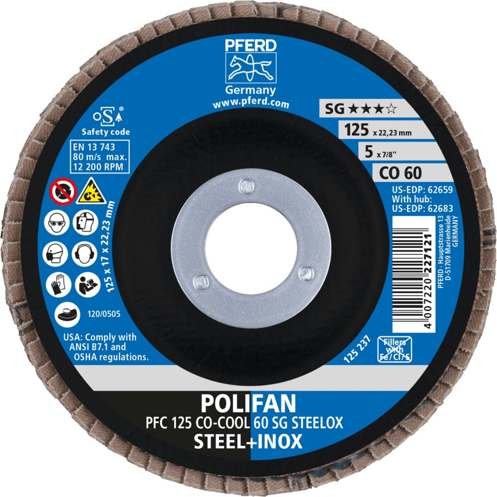 PFERD POLIFAN CO-COOL SG STEELOX Fächerscheibe Ø125 mm K60 konisch für INOX