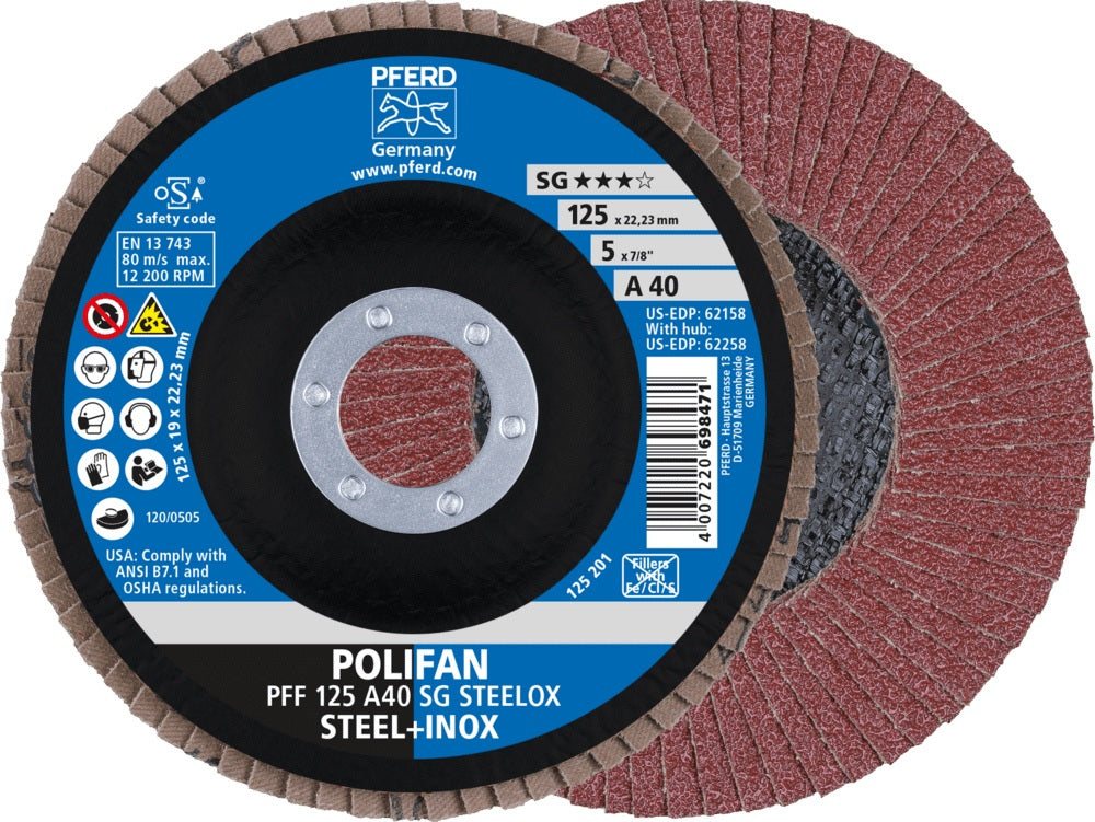 PFERD POLIFAN A SG STEELOX Fächerscheibe Ø125 mm Körnung 40 konisch INOX – 10 Stück