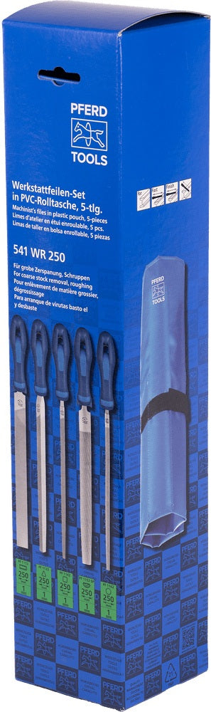 PFERD Feilensatz 250 mm Hieb 2 mit 2K-Ergo-Heft, 5-teilig für Stahl, Aluminium und Guss