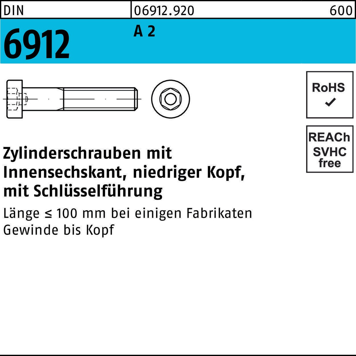 F. REYHER Zylinderschraube DIN 6912 Innen-6kt M4x6 A2