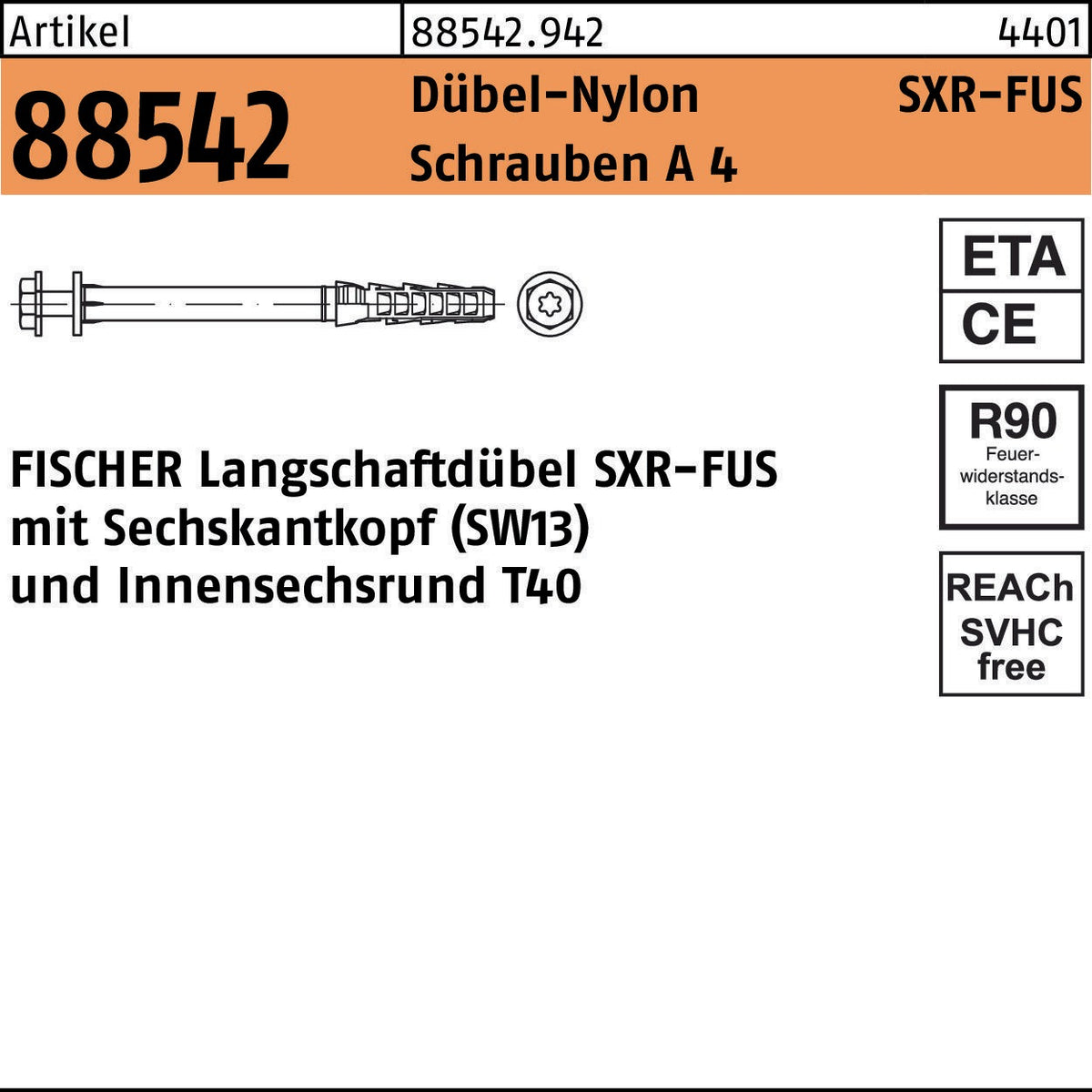 fischer Rahmendübel SXR-FUS 10x60 mit Schraube St verz. – 50 Stück