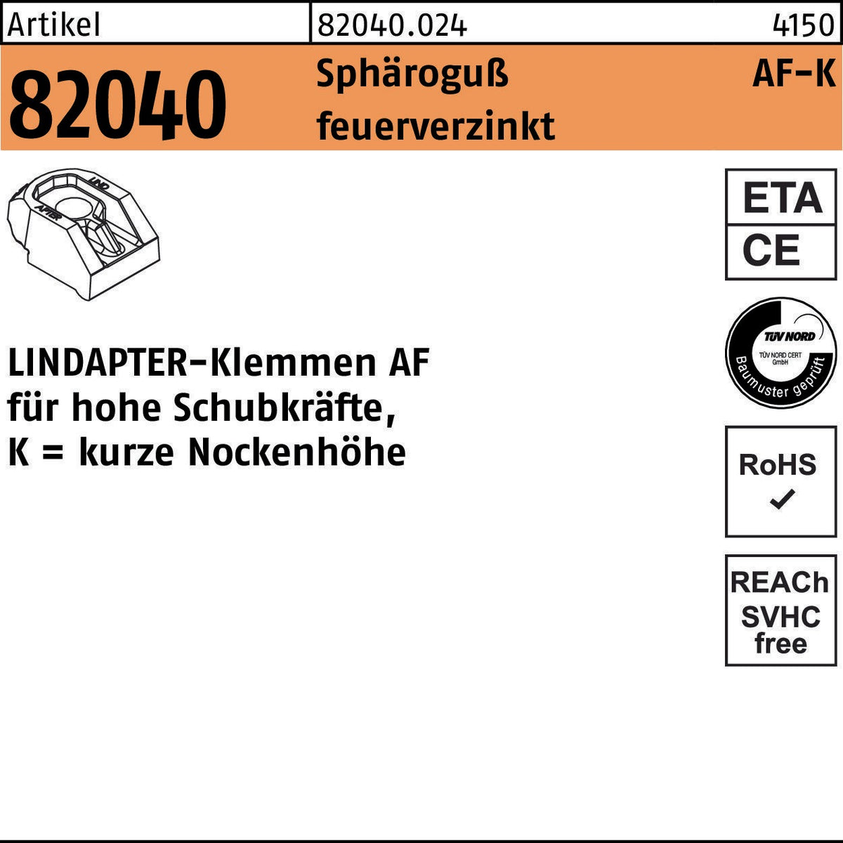 Lindapter Klemme R 82040 KM 12 Sphäroguß feuerverzinkt – Hohe Schubkräfte