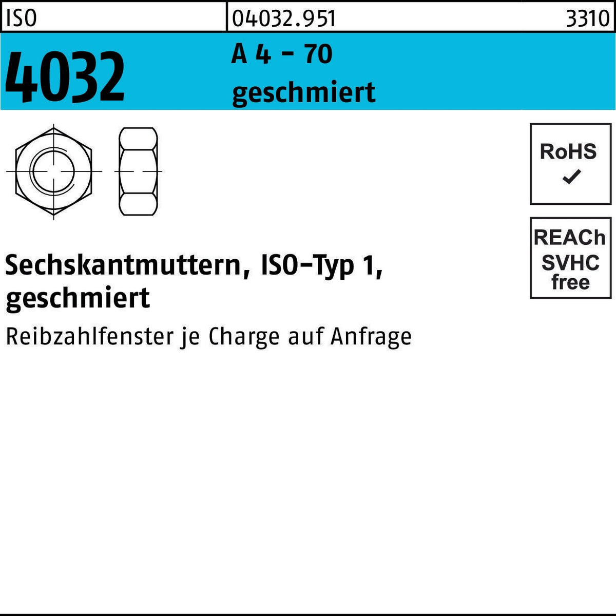 F. REYHER Sechskantmutter ISO 4032 M20 A2-70 geschmiert
