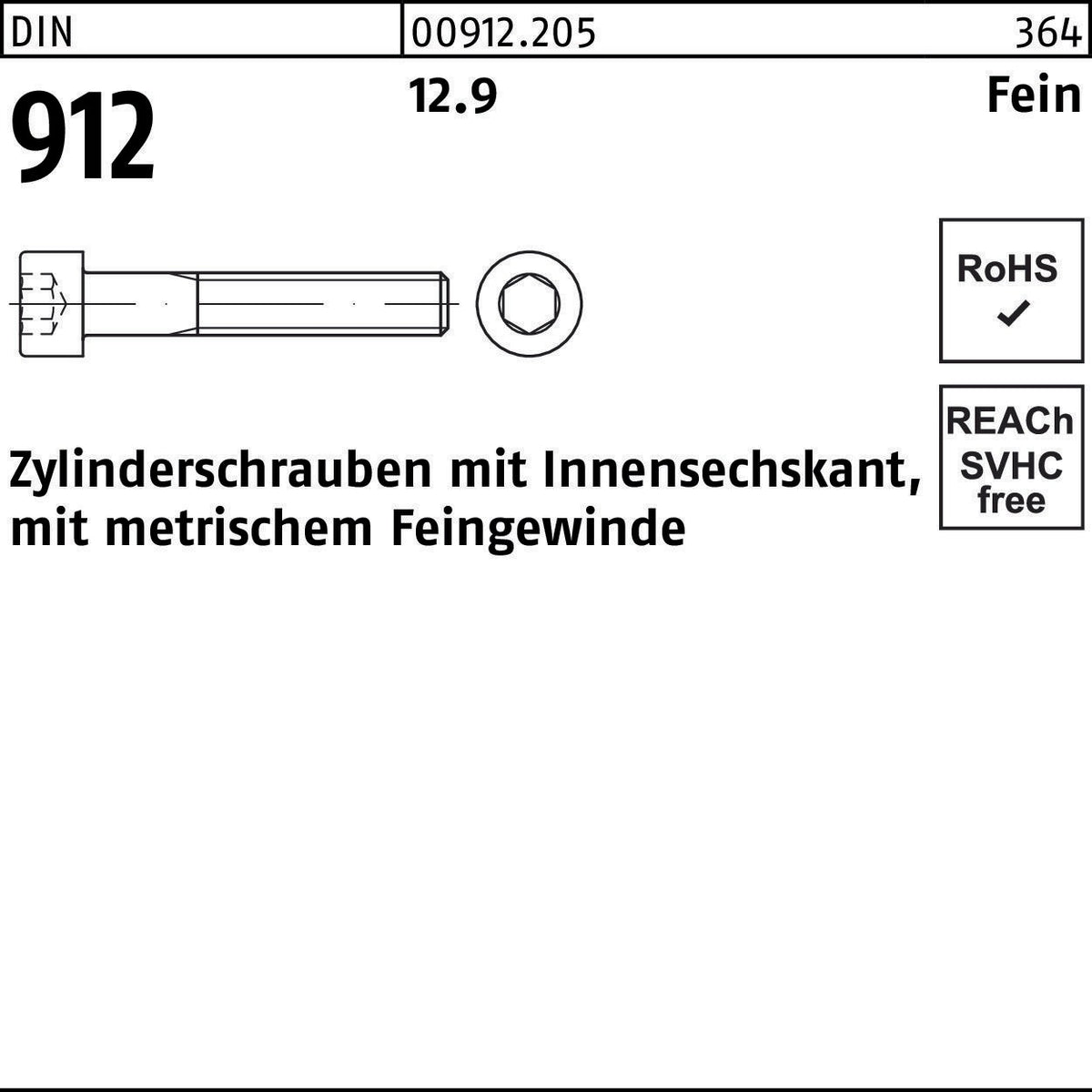 Zylinderschraube DIN 912 Innen-6kt M8x1x20 12.9 von F. REYHER – 200 Stück