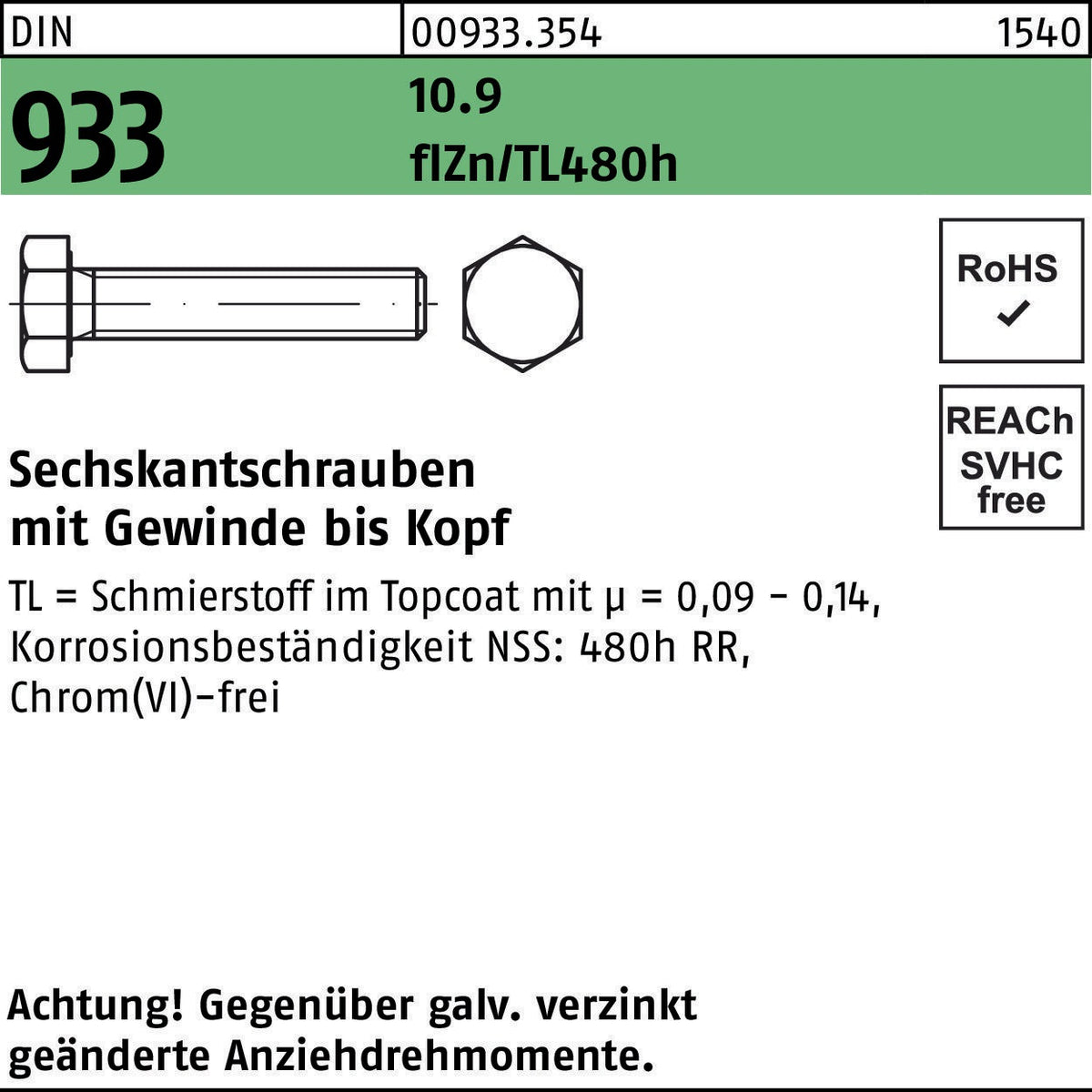 F. REYHER Sechskantschraube DIN 933 M24x100 10.9 – 10 Stück, zinklamellenbeschichtet