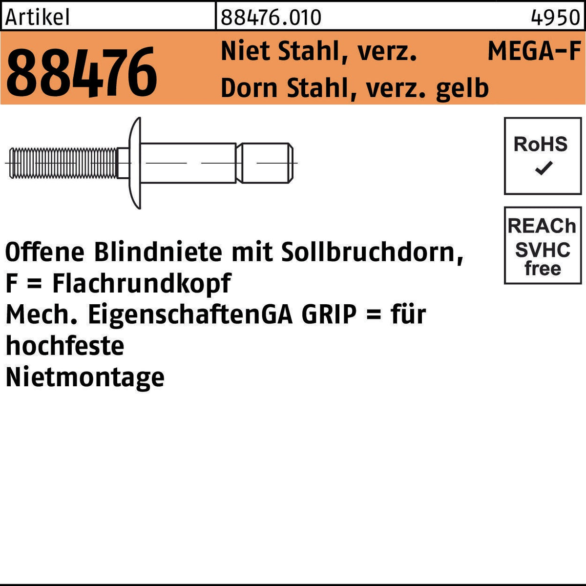GESIPA Blindniete MEGA-F 4,8x10,5 mm Stahl verzinkt Flachrundkopf 500 Stück