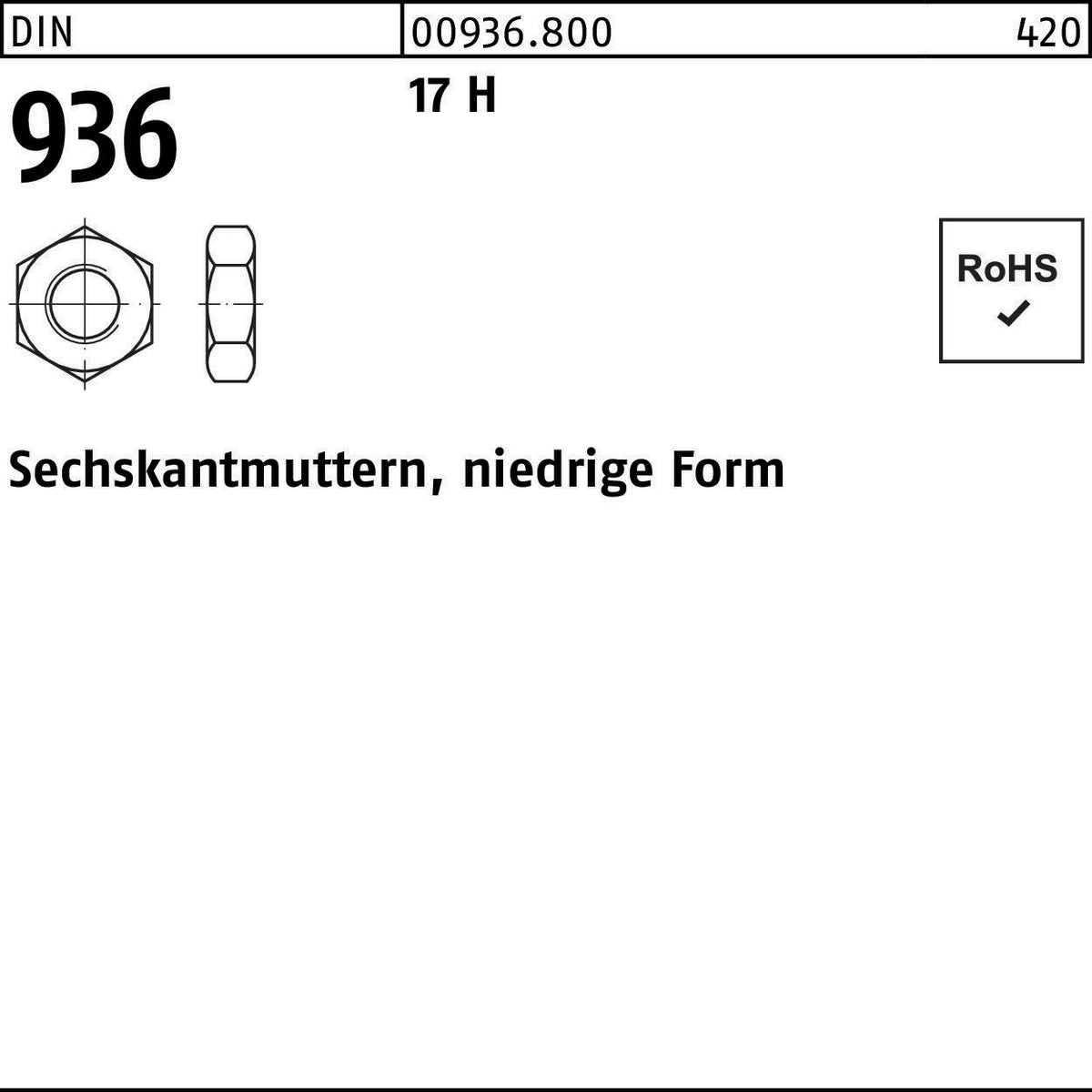 F. REYHER Sechskantmutter DIN 936 M10 17 H, 500 Stück, niedrige Form