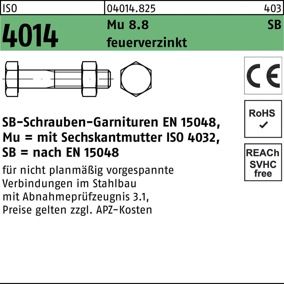 F. REYHER Sechskantschraube ISO 4014 M12x160 8.8 feuerverzinkt mit Mutter