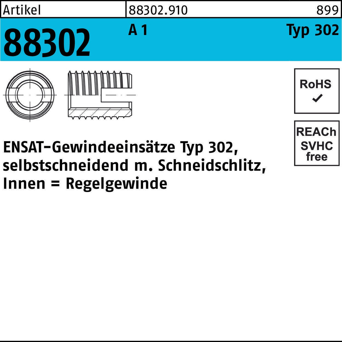 ENSAT Gewindeeinsatz Typ 302 M3x6 selbstschneidend mit Schneidschlitz