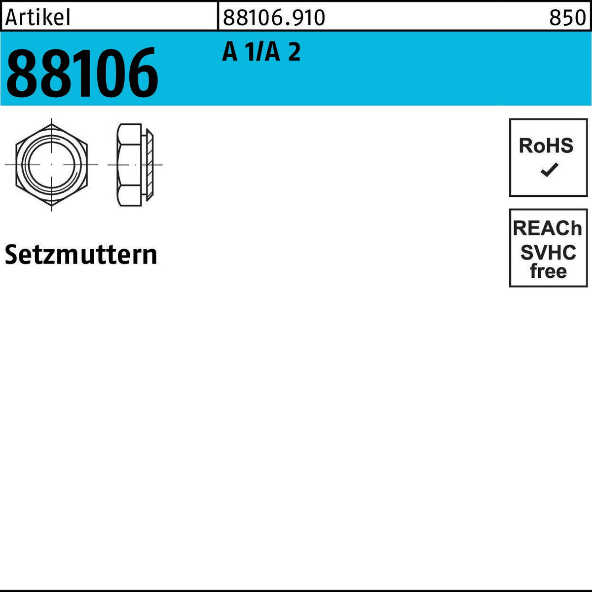 F. REYHER Setzmutter R 88106 M3/0,9 Stahl gehärtet galvanisch verzinkt 1000 Stück