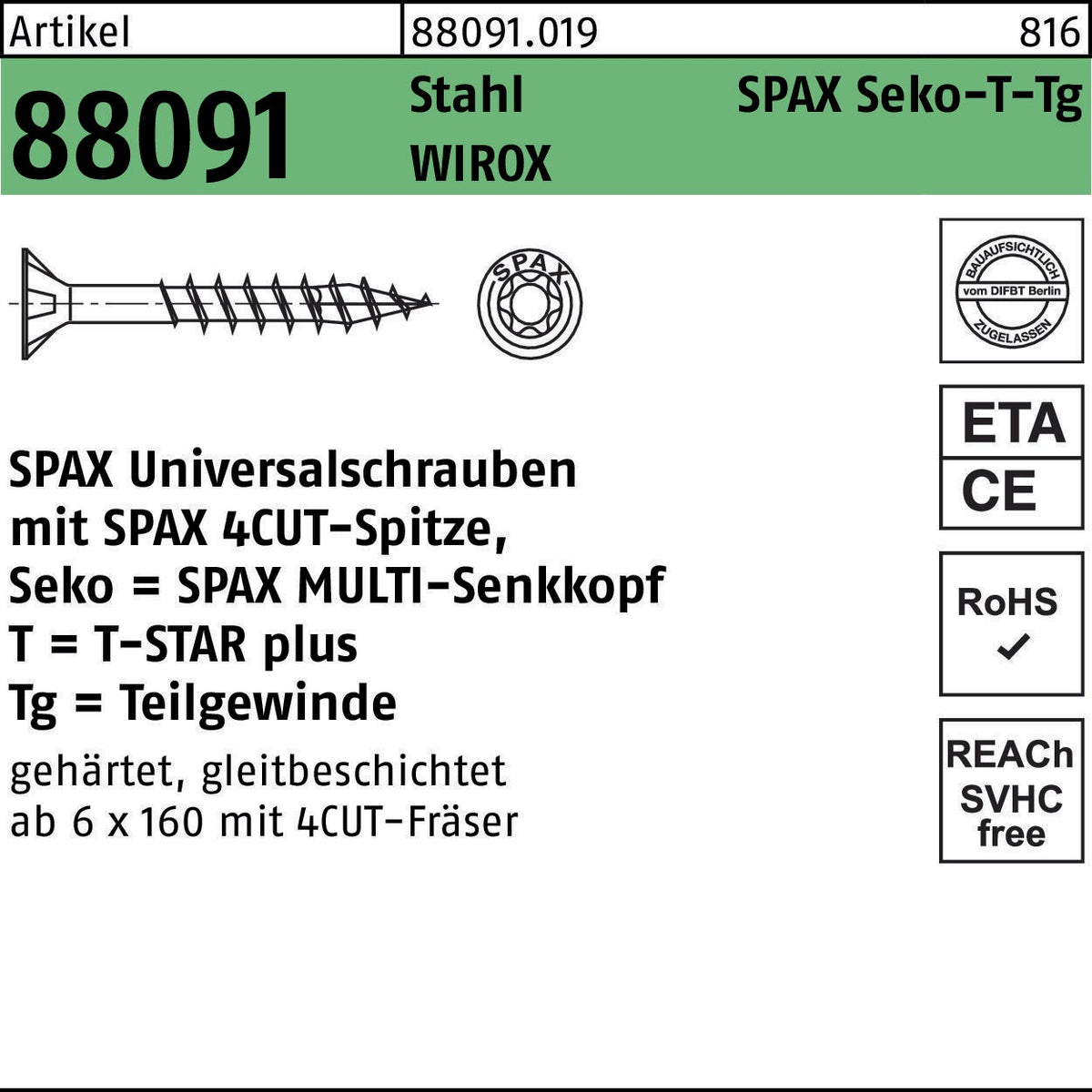 SPAX Universalschrauben 3,5 x 50 mm T-STAR plus Senkkopf Teilgewinde WIROX 500 Stück