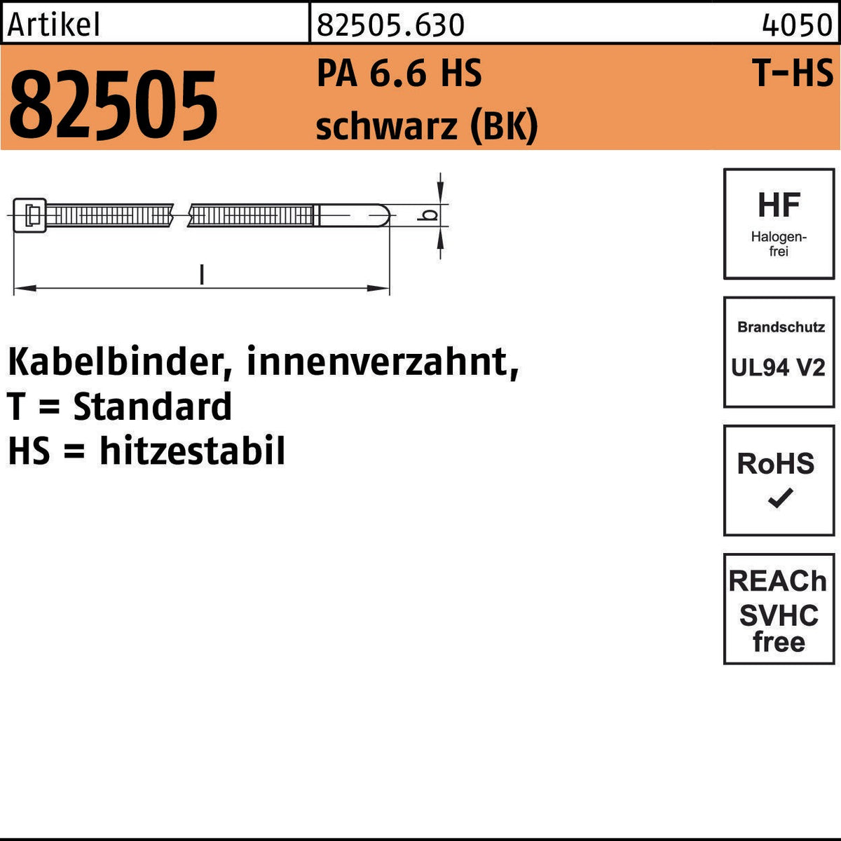 HELLERMANNTYTON Kabelbinder R 82505 innenverzahnt 2,5x100 mm PA 6.6 HS natur 100 Stück