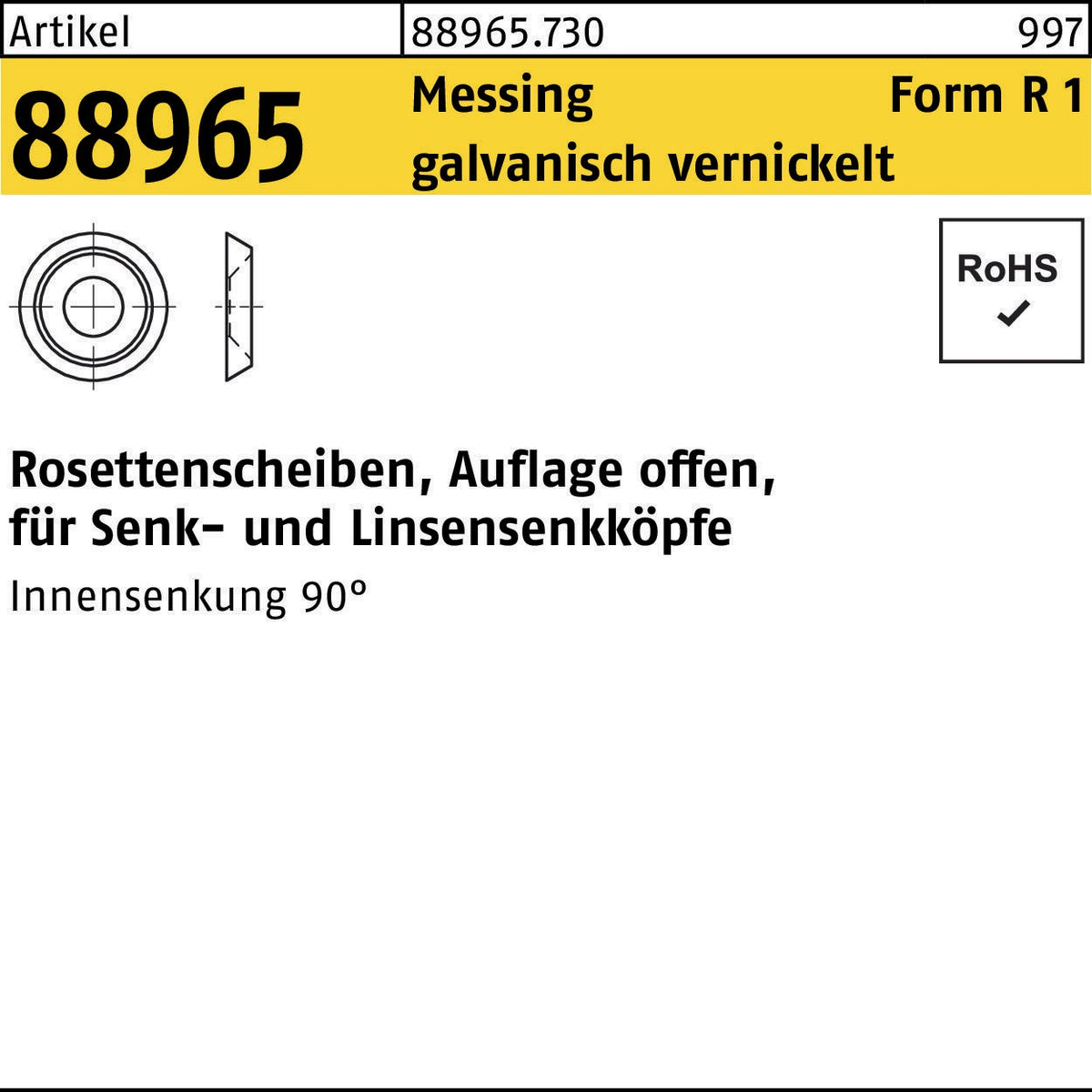 F. REYHER Rosettenscheibe R 88965 offen Messing galvanisch vernickelt 4,1x6,5x1,8 mm 1000 Stück