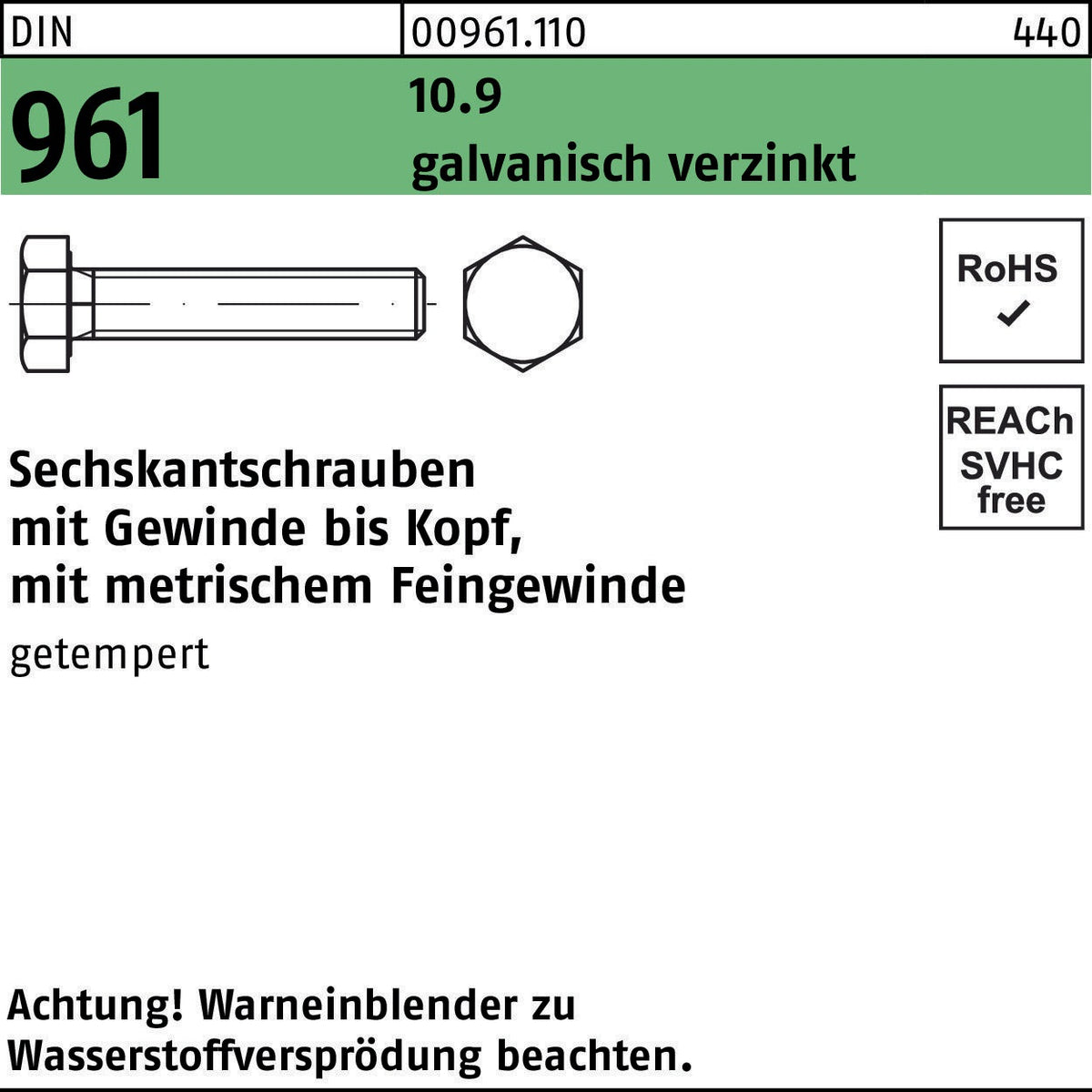 F. REYHER Sechskantschraube DIN 961 VG M12x1,25x40 10.9 galvanisch verzinkt