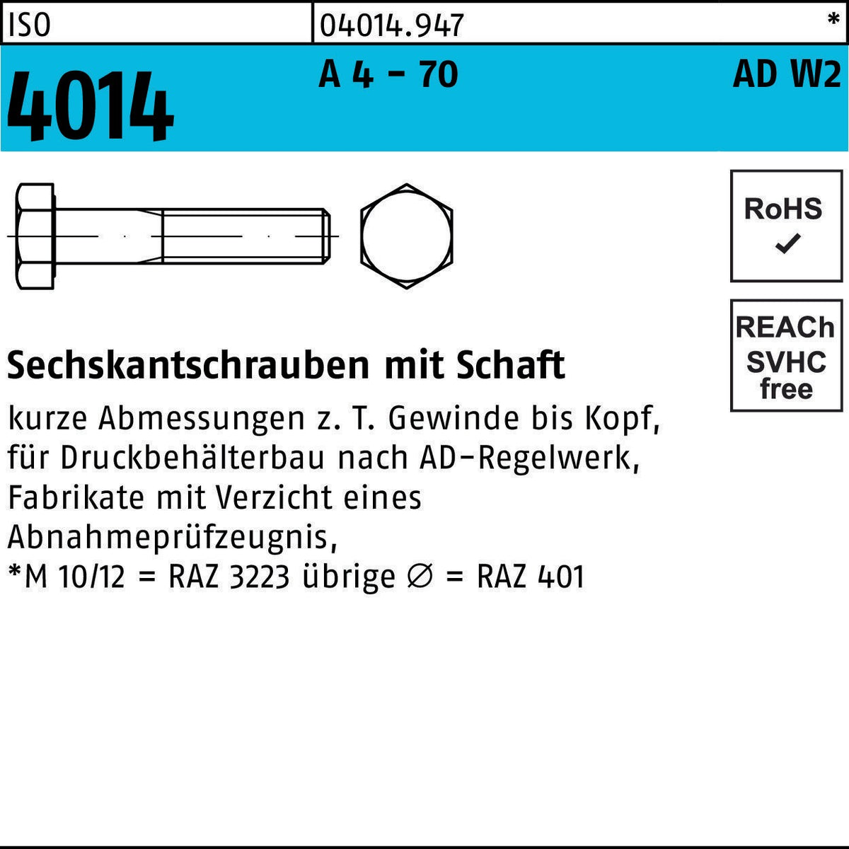 F. REYHER Sechskantschraube ISO 4014 M10x50 A4-70 Edelstahl 100 Stück