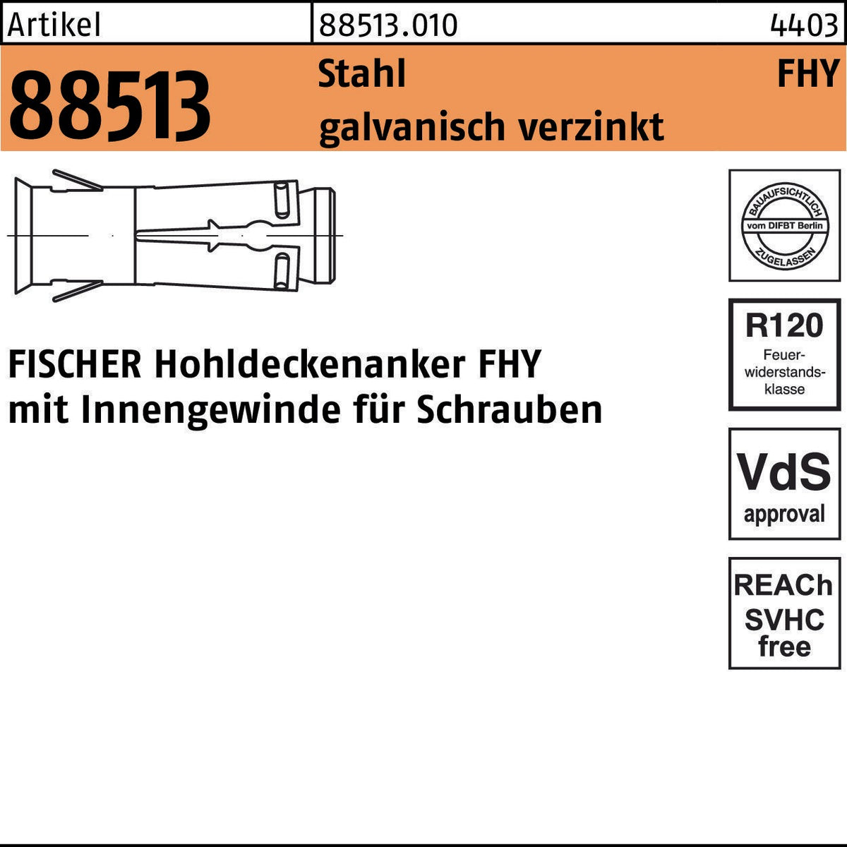 FISCHER Hohldeckenanker FHY M6 Stahl galvanisch verzinkt 50 Stück