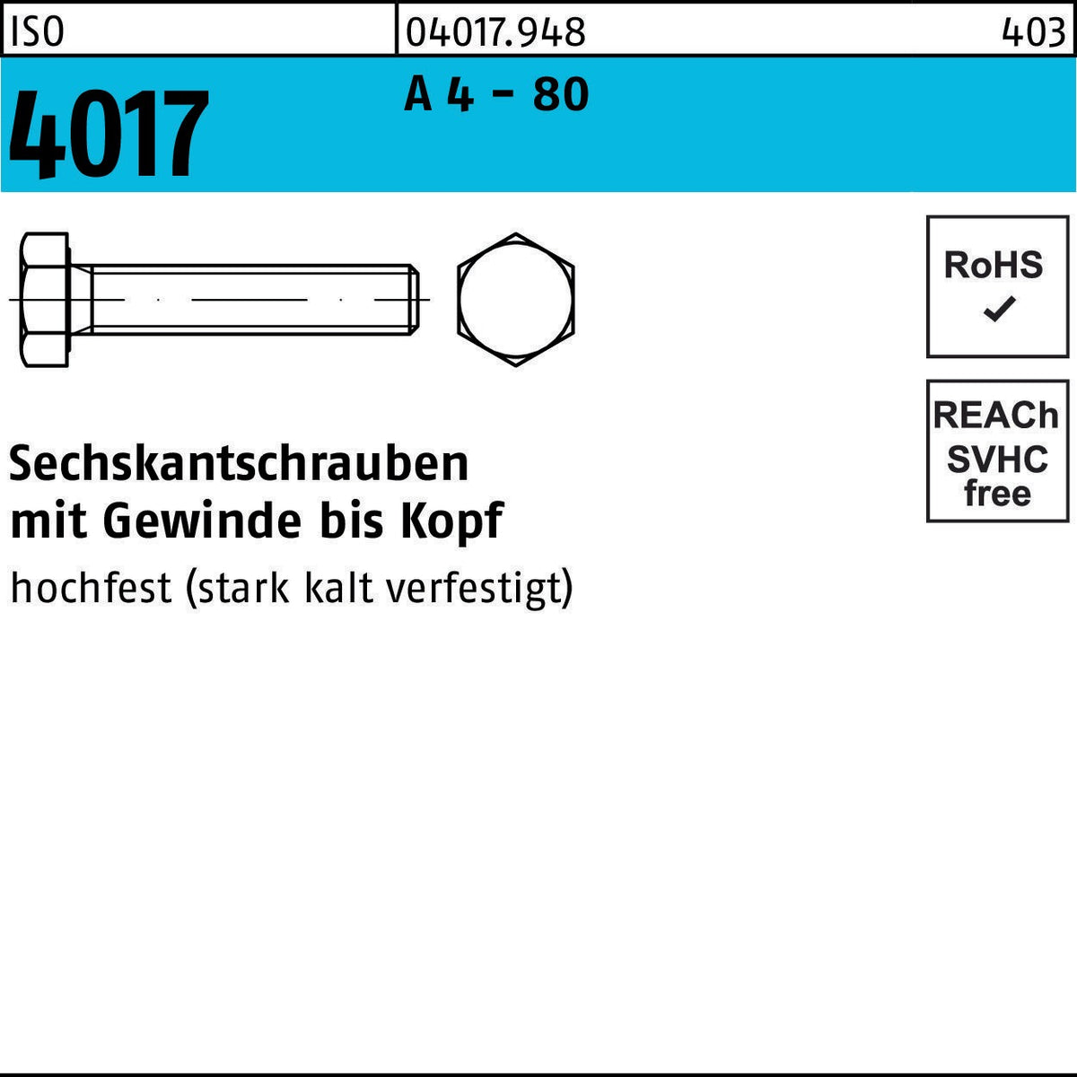 Sechskantschraube ISO 4017 VG M10x75 A4-80 Edelstahl 50 Stück von BUFAB