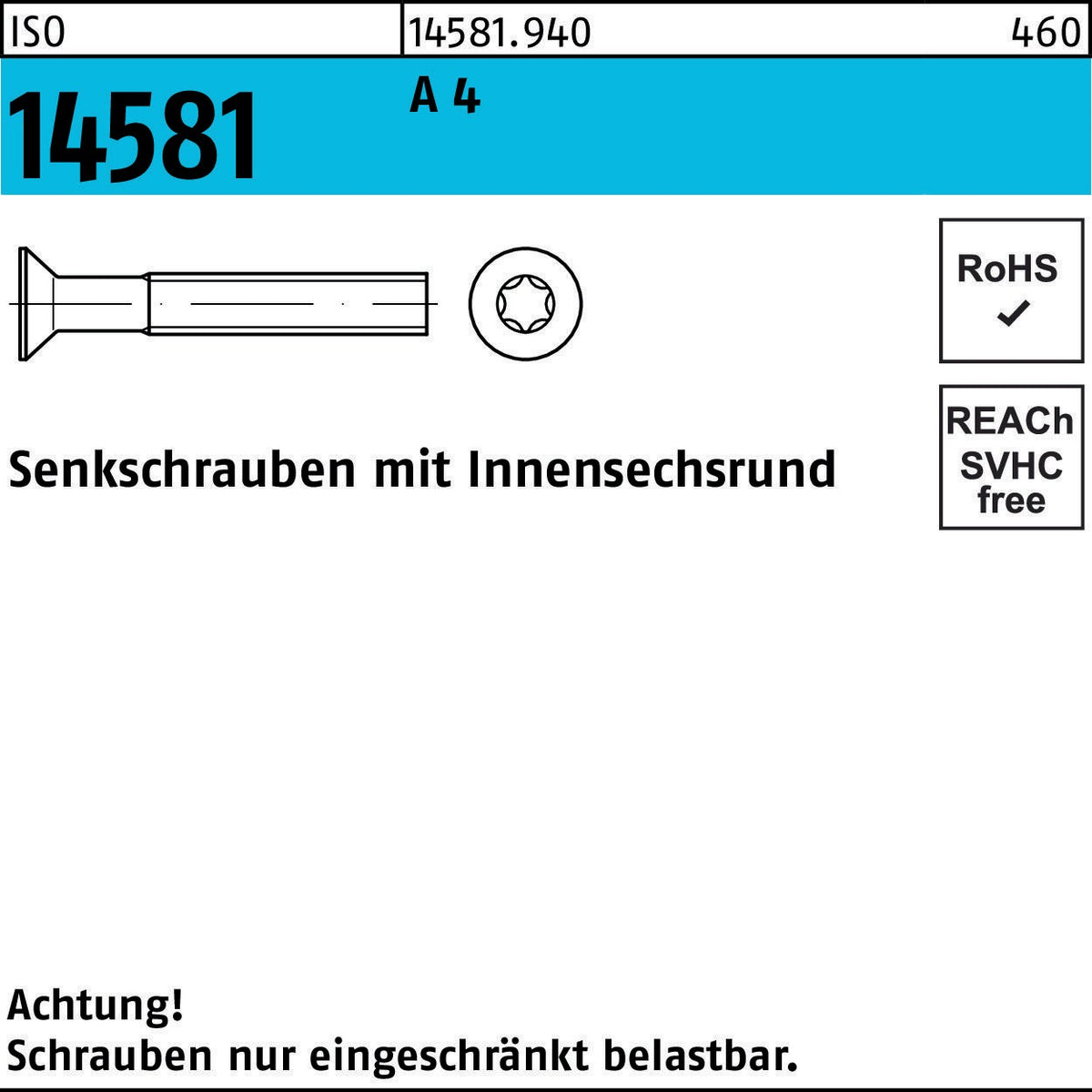 F. REYHER Senkschraube ISO 14581 ISR M4x8 T20 8.8 galvanisch verzinkt 500 Stück