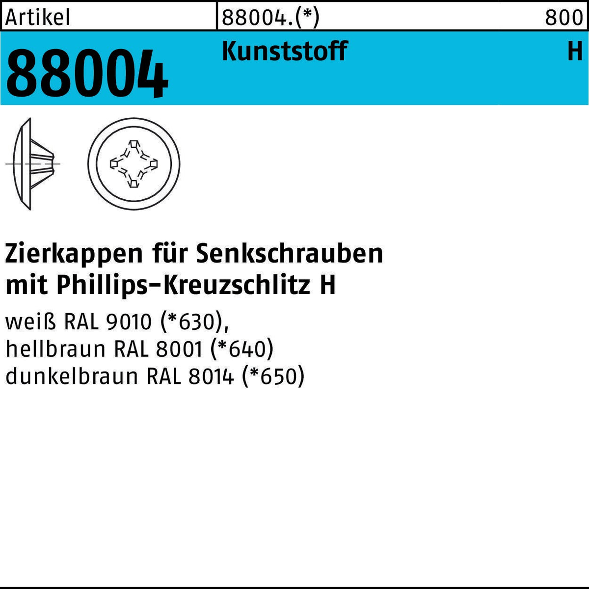 REYHER Zierkappe R 88004 für PH 2 x 12 / 3,5-5 – 1000 Stück, Kunststoff weiß