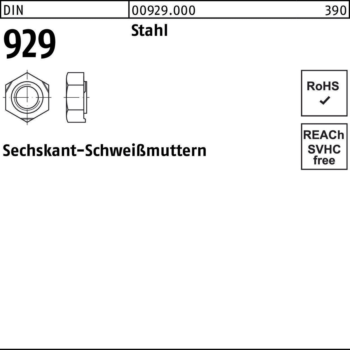 Sechskantanschweißmutter DIN 929 M3 Stahl von F. REYHER – 1000 Stück