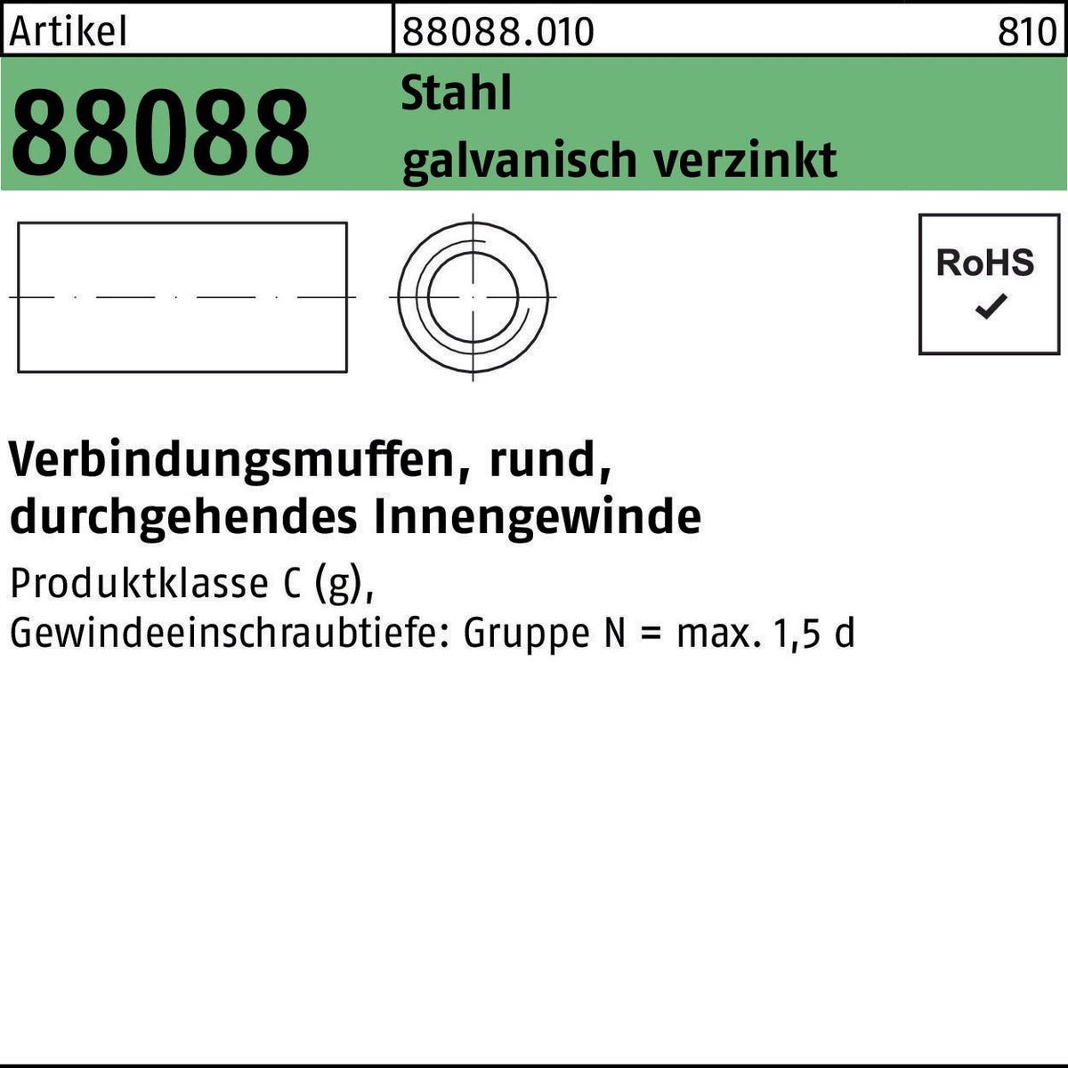 REYHER Verbindungsmuffe R 88088 M6x20x10 Stahl verzinkt