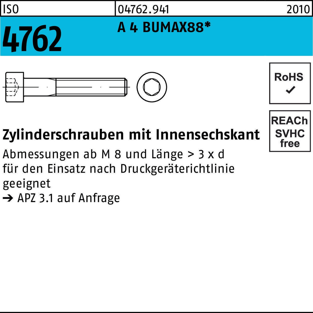 BUFAB Zylinderschraube ISO 4762 Innensechskant M3x6 A4 BUMAX88 500 Stück