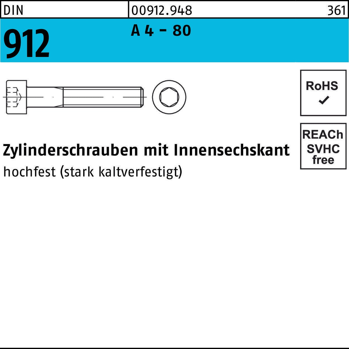 F. REYHER Zylinderschraube DIN 912 Innensechskant M20x30 A4-80 Edelstahl