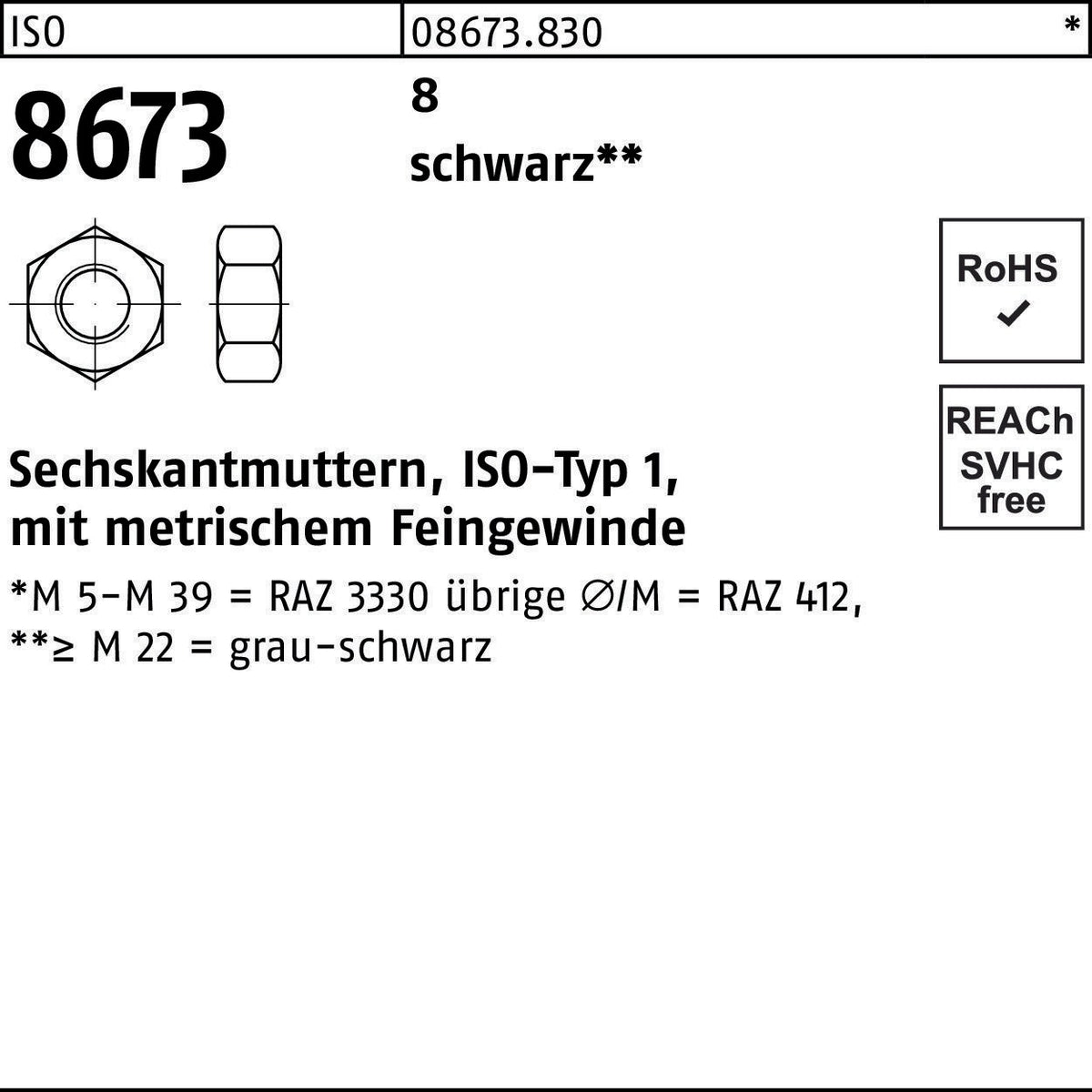 Sechskantmutter ISO 8673 M20x1,5 – 8 – Schwarz – 50 Stück von F. REYHER