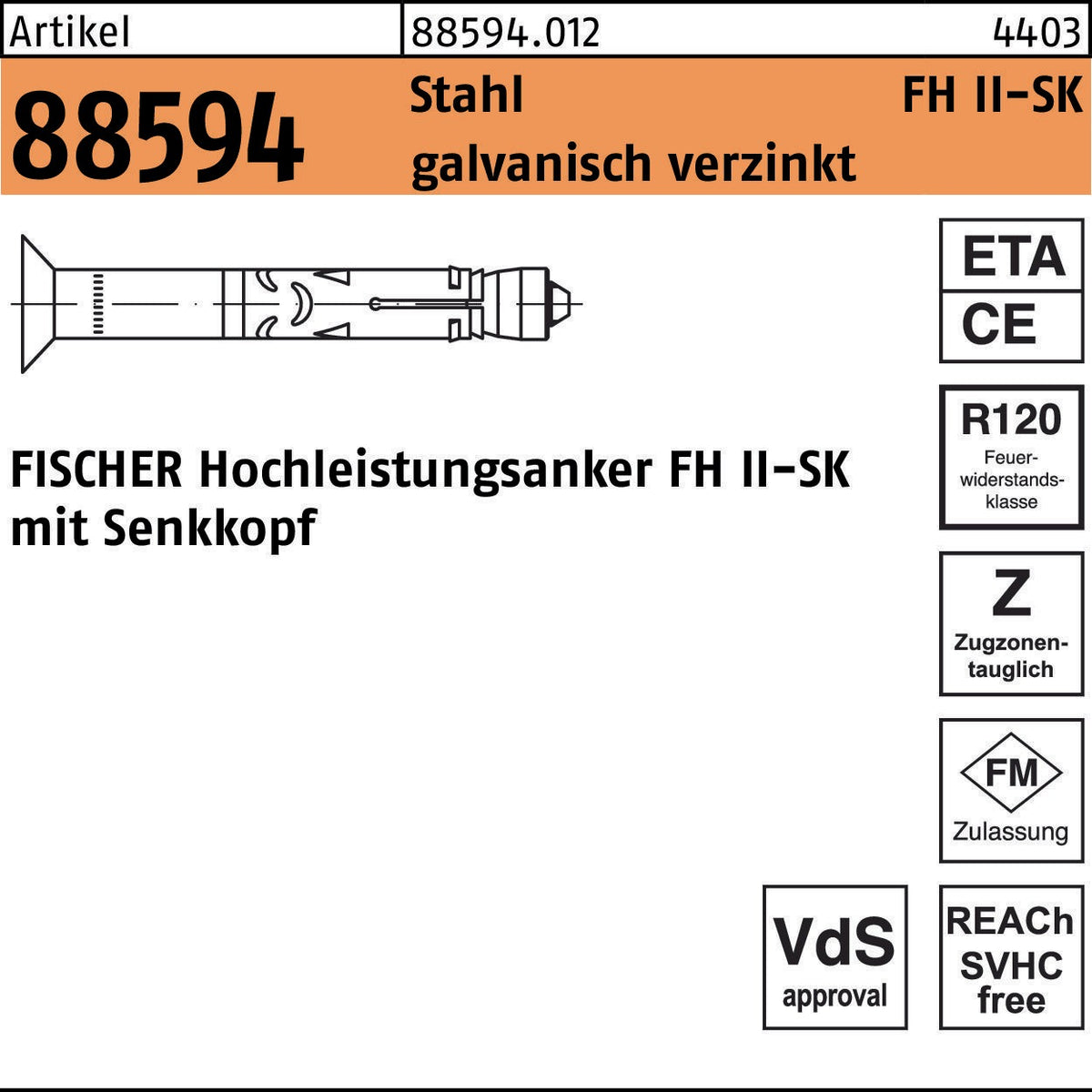 FISCHER Hochleistungsanker FH II-SK 10/15, Stahl galvanisch verzinkt