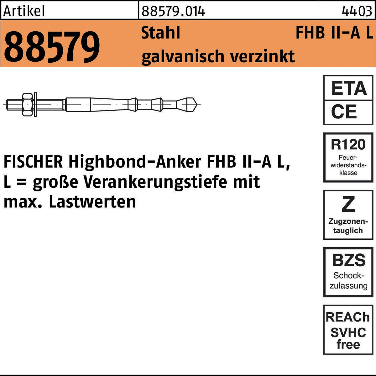 FISCHER Highbond-Anker FHB II-A L M20 x 210/150 Stahl galvanisch verzinkt