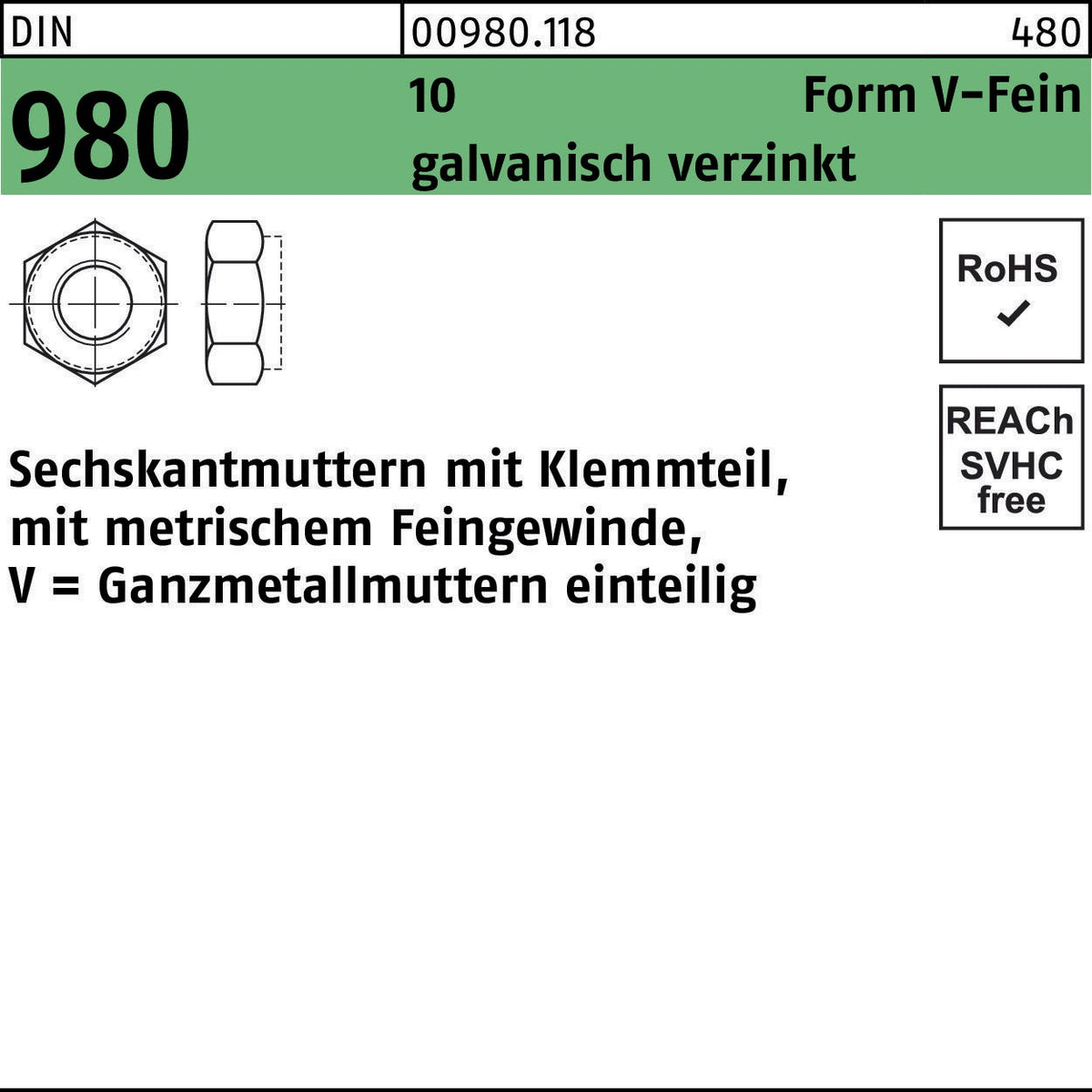 F. REYHER Sechskantmuttern DIN 980 mit Klemmteil M8x1, 100 Stück, galvanisch verzinkt