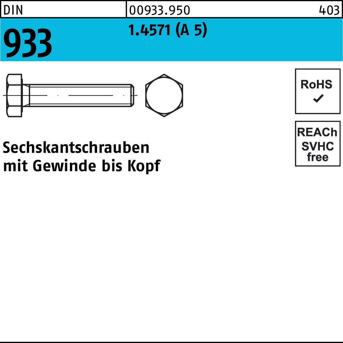 Sechskantschraube DIN 933 VG M10x20 A5 von F. REYHER – Edelstahl 1.4571