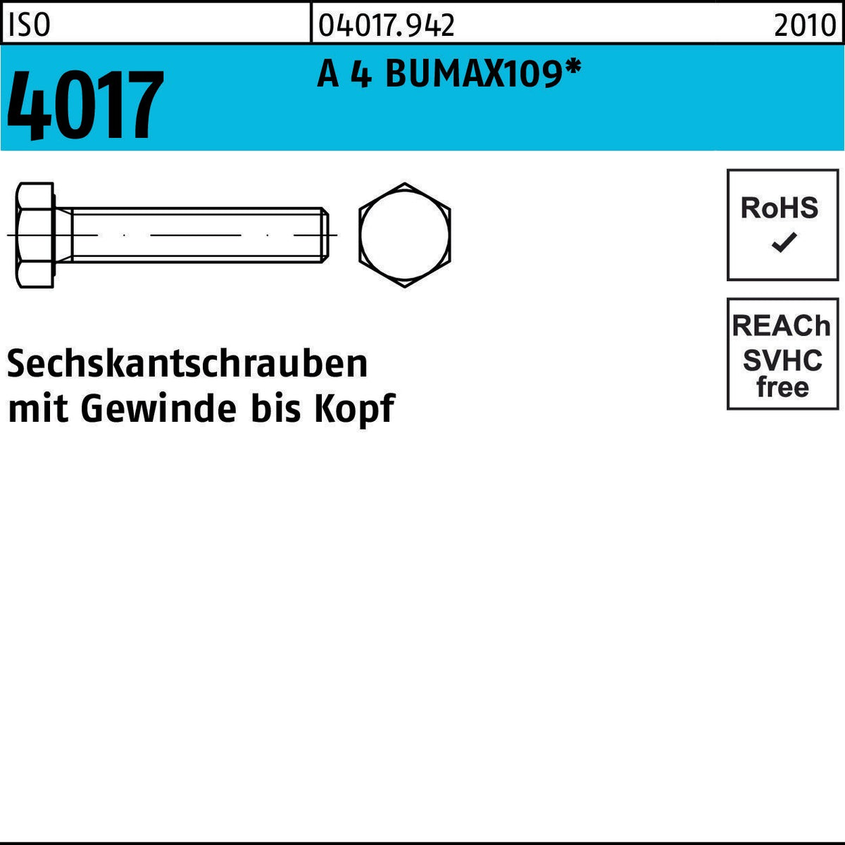 Sechskantschraube ISO 4017 VG M8x20 A4 BUMAX109 von BUFAB – 50 Stück