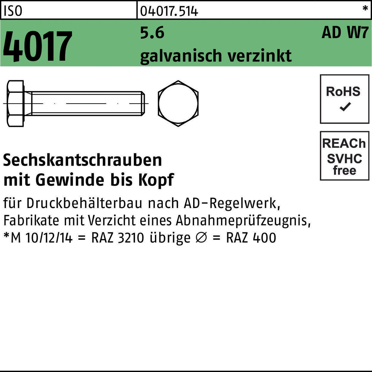 Sechskantschraube ISO 4017 VG M10x35 5.6 AD W7 galvanisch verzinkt, 100 Stück von BUFAB