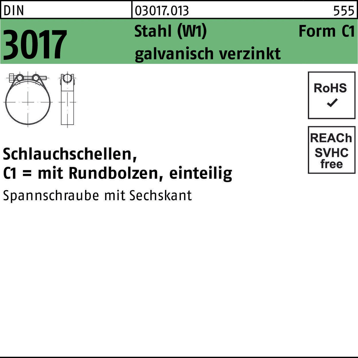 Schlauchschelle DIN 3017 W1 Form A 8-12 mm Stahl verzinkt 100 Stück von F. REYHER