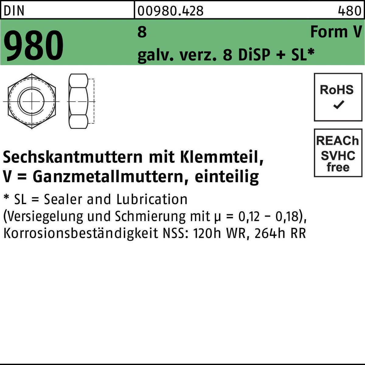 Sechskantmuttern DIN 980 mit Klemmteil V M5 – 1000 Stück, galvanisch verzinkt, F. REYHER